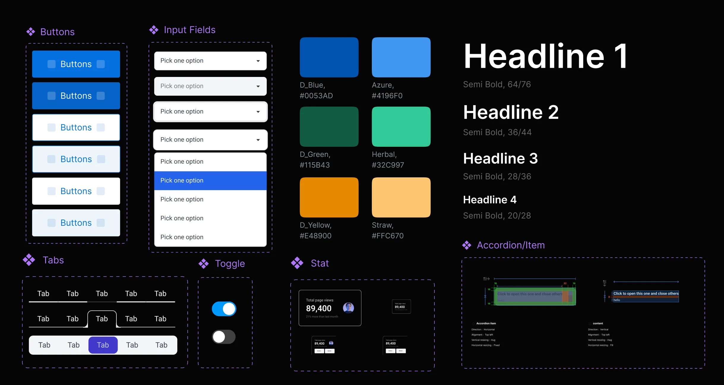 Design system collage with buttons, inputs, color swatches and interface components